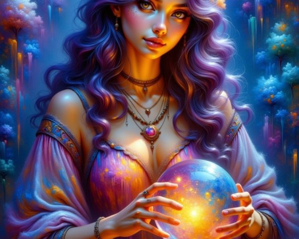 Mystical Woman with Purple Hair and Crystal Ball