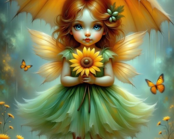 Whimsical Fairy Girl in Serene Landscape with Sunflower