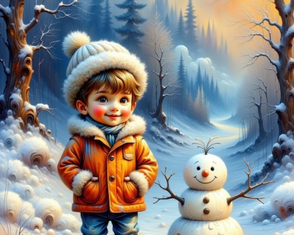 Cheerful boy in snowy landscape with snowman