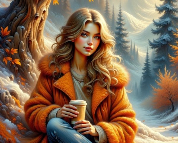 Young Woman in Cozy Coat Amidst Autumn Landscape