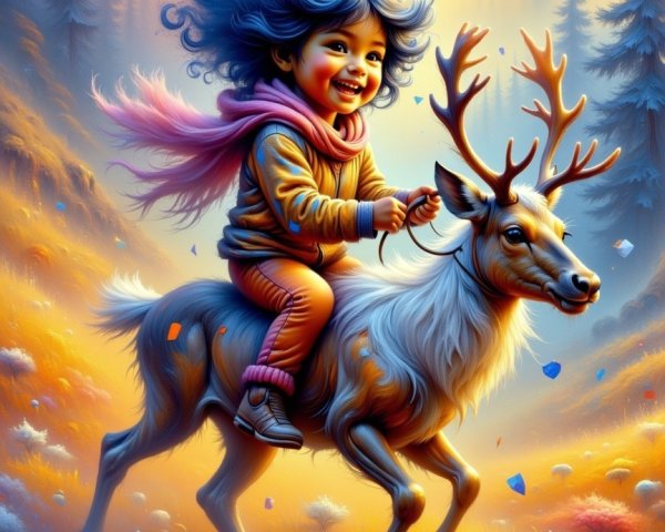 Child Riding Reindeer in Colorful Autumn Landscape