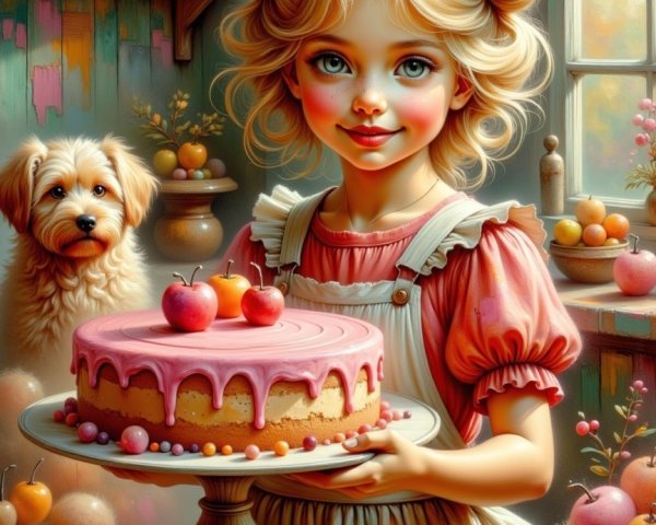 Cheerful girl with cake in a cozy kitchen setting