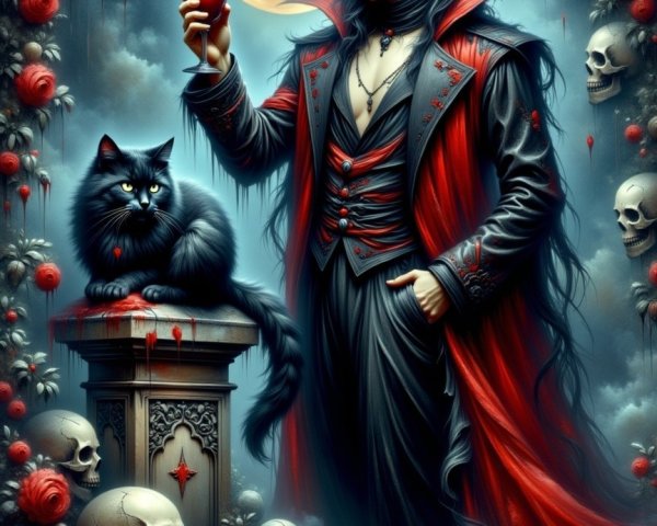 Mysterious figure in cloak with cat and gothic backdrop