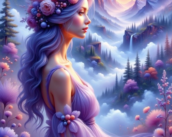 Young Woman in Lavender Hair Amidst Scenic Landscape