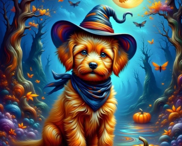 Whimsical Puppy in Enchanted Halloween Forest Scene