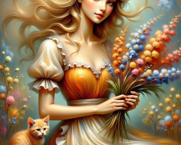 Young woman with flowers and ginger cat in soft hues