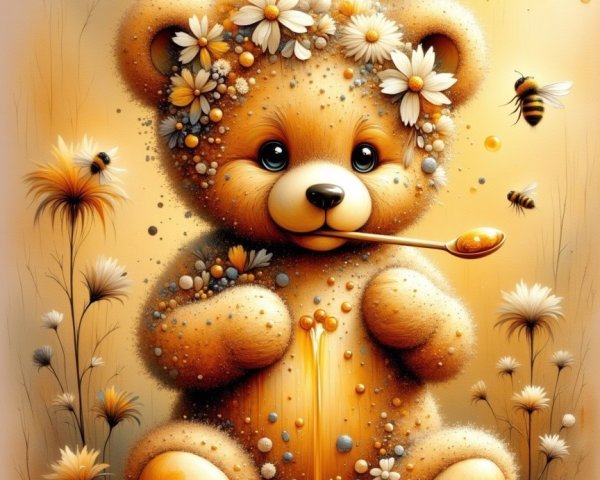 Whimsical Teddy Bear in Golden Landscape with Flowers