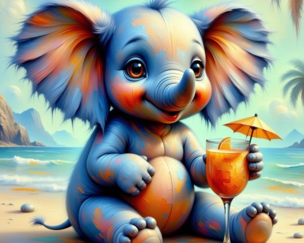Cartoon Elephant on Beach with Colorful Drink