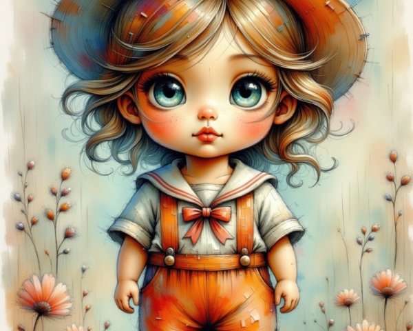 Cartoon Character in Colorful Overalls Surrounded by Flowers