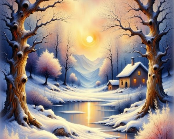 Tranquil Winter Landscape with River and Cottage