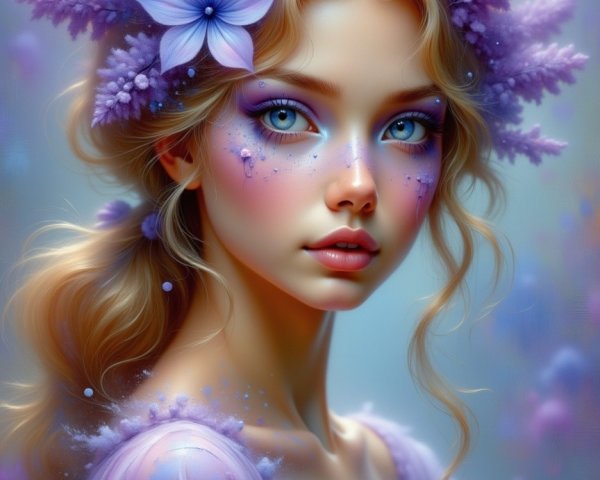 Young woman with blonde hair and purple flowers