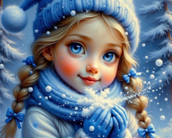 Cheerful girl in snowy landscape with frosty trees