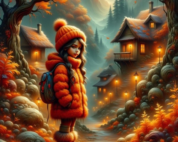 Young girl on a winding path in autumn landscape