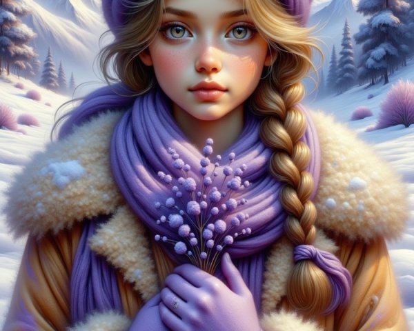 Young Girl in Winter Landscape with Flowers and Mountains