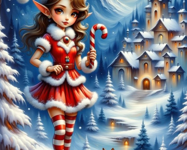 Elf Girl in Festive Dress in Snowy Landscape