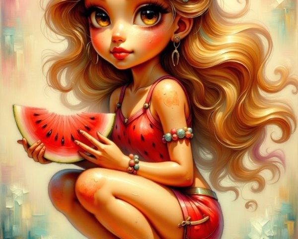 Cheerful girl with watermelon in vibrant summer setting