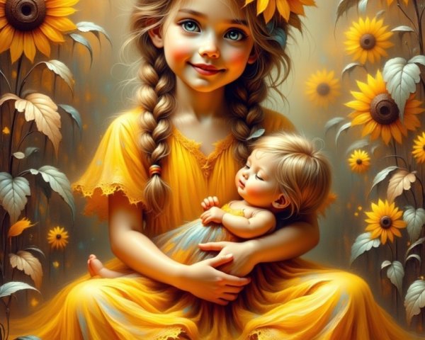 Digital painting of a girl in a yellow dress with sunflowers