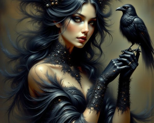 Elegant Figure in Black Feathers with a Raven