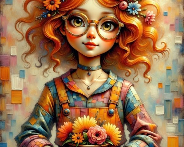 Whimsical Girl with Red Hair and Colorful Flowers