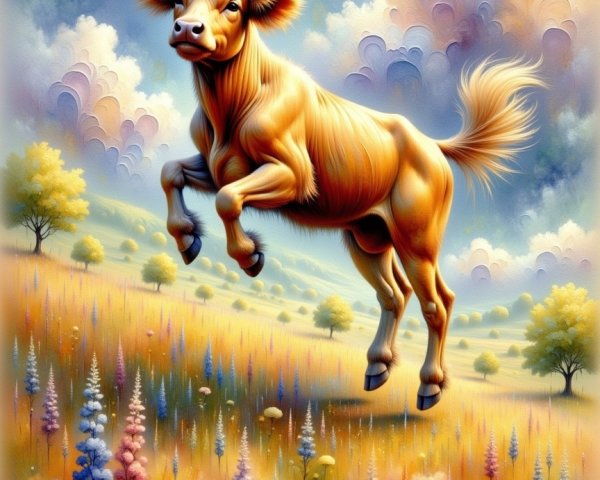 Vibrant Whimsical Landscape with Golden Cow and Flowers