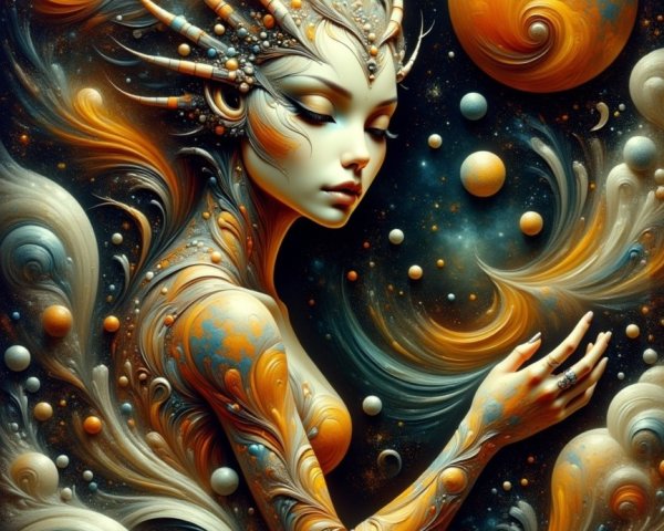 Cosmic Figure Surrounded by Celestial Elements