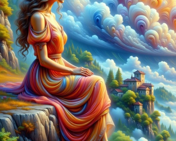 Serene Woman in Colorful Dress Overlooking Village