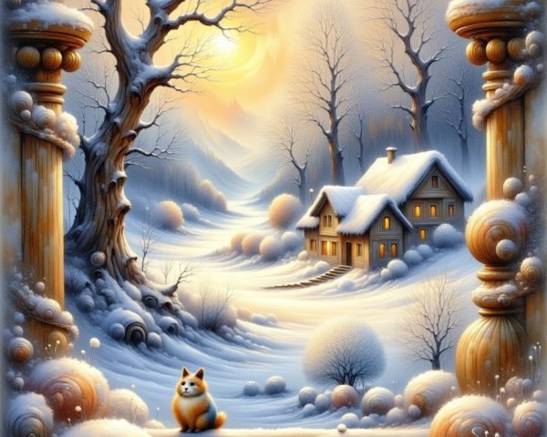 Serene Winter Landscape with Cottage and Fox