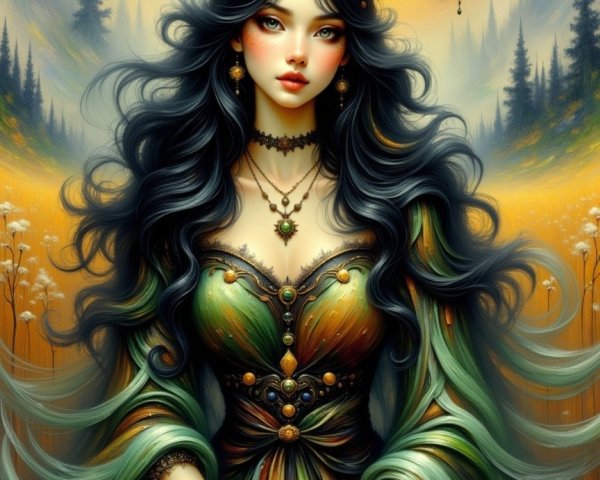Regal figure in ornate gown with horned crown
