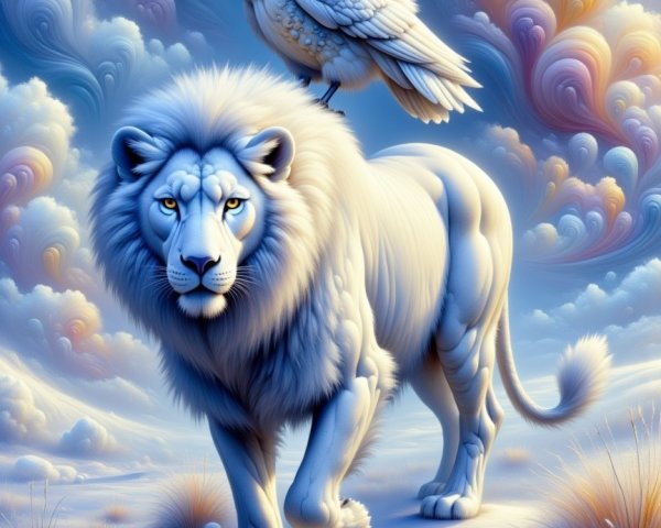 White Lion and Owl in a Snowy Dreamlike Landscape