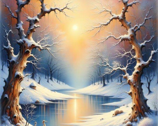Tranquil Winter Landscape with Trees and River
