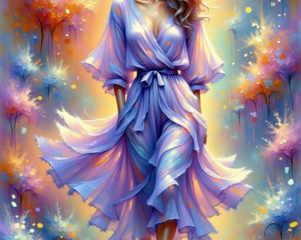 Full-body oil painting of a woman in lavender dress