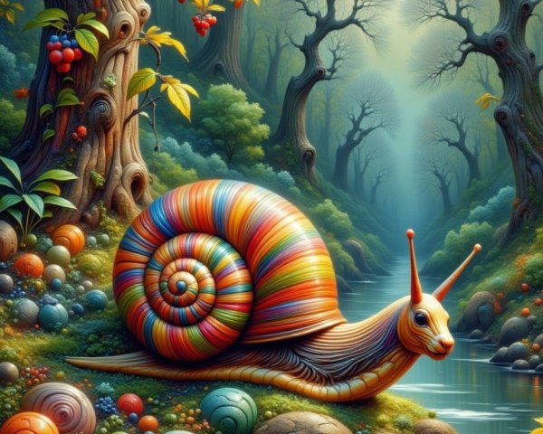 Colorful Snail by a Serene Riverbank Landscape
