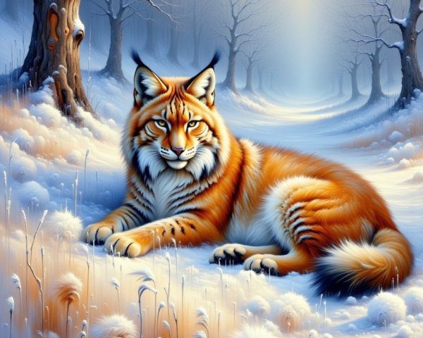 Lynx in Snowy Landscape with Barren Trees and Mist