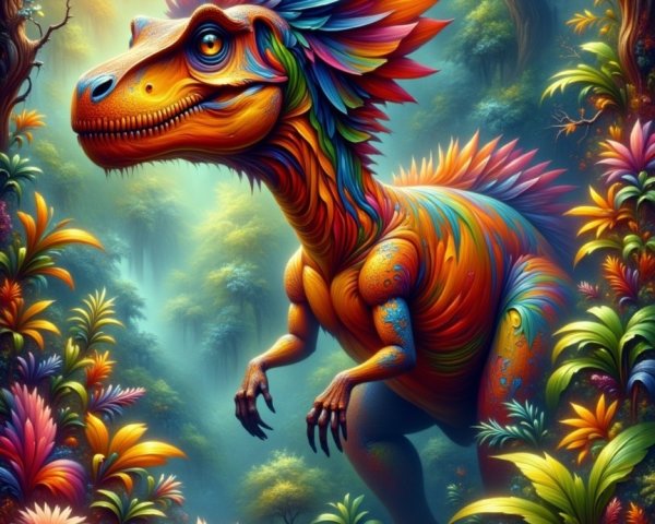 Vivid Dinosaur in a Lush Fantastical Jungle Scene