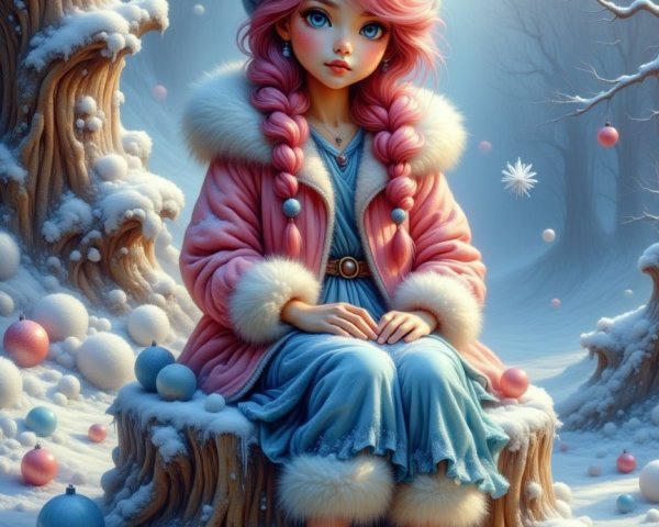 Anime girl in winter wonderland setting with ornaments