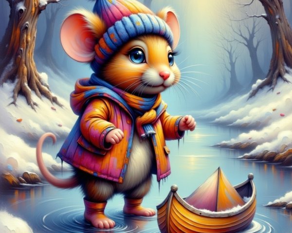 Mouse in Winter Coat by Frozen River Scene