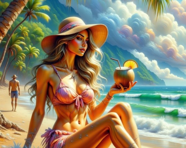 Beautiful Beach Scene with Woman in Bikini and Sarong