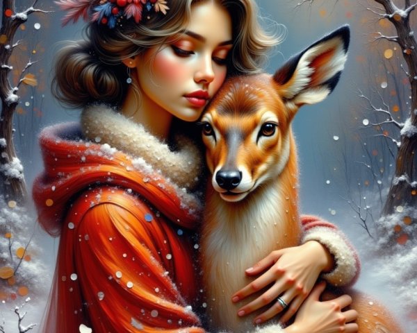 Winter Scene with Woman and Deer in Snowy Landscape