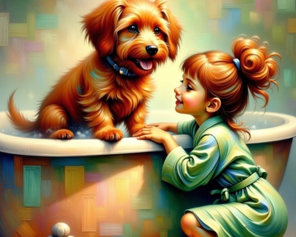 Young Girl and Dog in Bubble-Filled Bathtub Scene