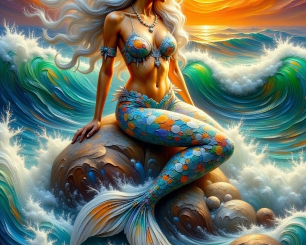 Mermaid on Rocks with Sunset and Crashing Waves