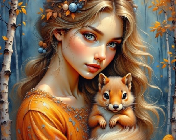 Young woman in orange dress with squirrel in autumn setting