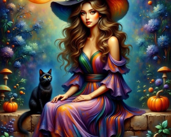 Young witch in colorful dress with pumpkins and moon