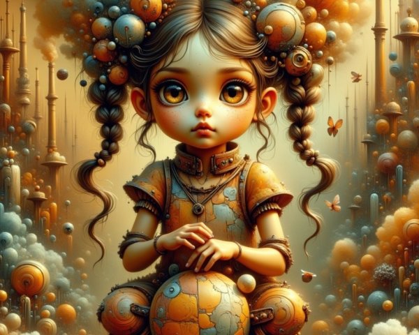 Futuristic Scene with Girl, Globe, and Surreal Elements