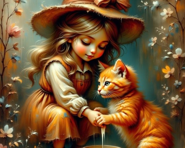 Whimsical Scene of Girl and Cat in Enchanting Garden
