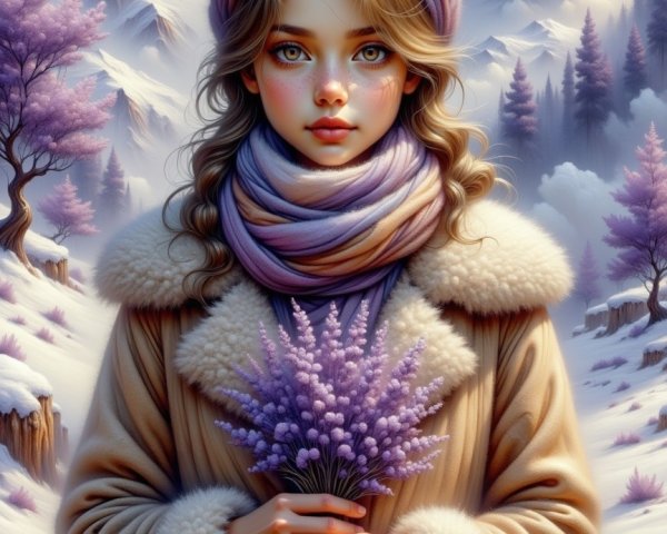 Winter Landscape with Woman and Lavender Bouquet