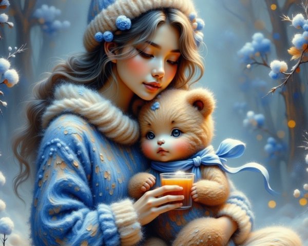 Cozy Winter Scene with Woman and Bear Cub