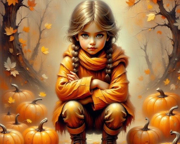 Young girl in autumn forest with pumpkins and leaves
