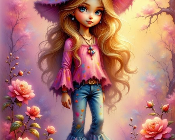 Whimsical Girl in Dreamy Pastel Landscape with Roses
