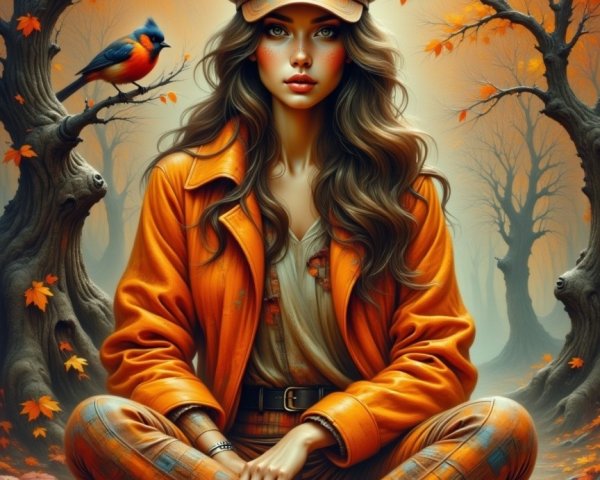 Woman in Orange Coat Surrounded by Autumn Foliage