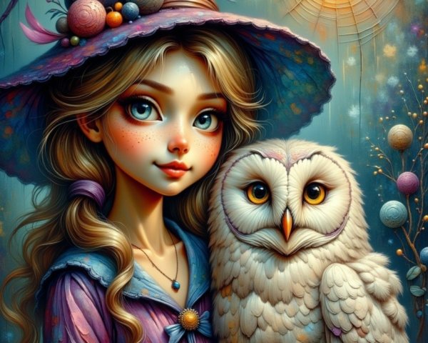 Young girl in whimsical witch hat with white owl